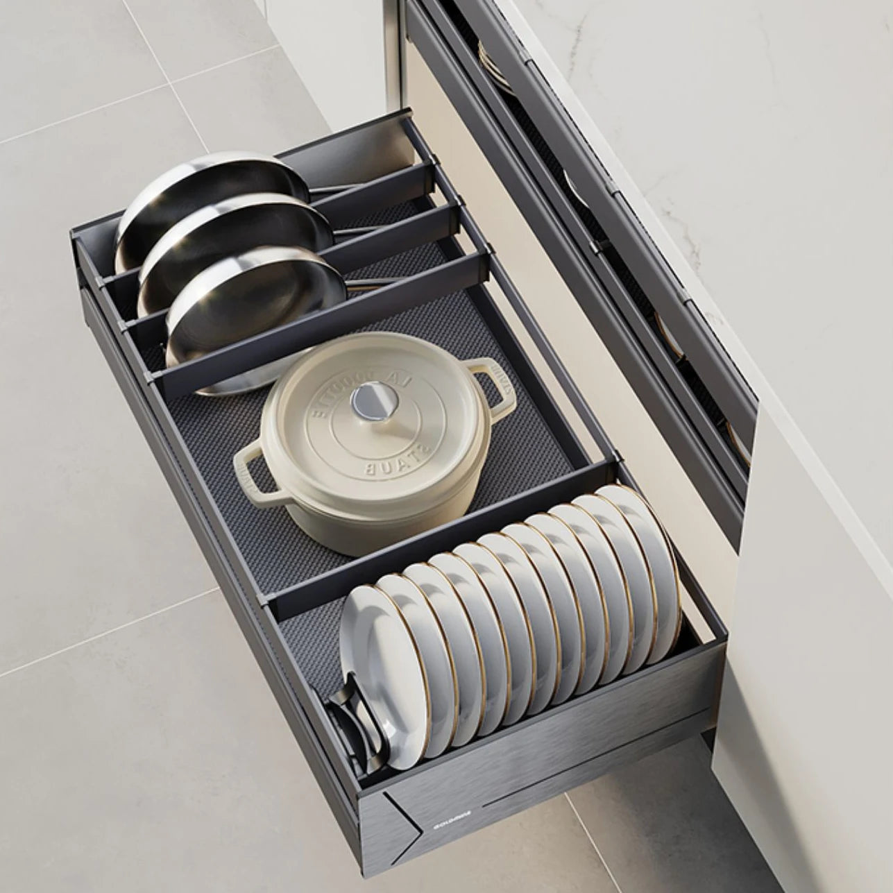 Organizadores interiores de armario de cocina de 3 capas, estante extraíble para platos, cesta de cajón de almacenamiento de cubiertos multifunción
