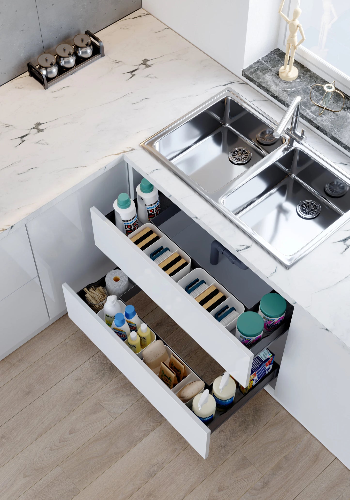 Cocina en forma de U de 2 niveles debajo del fregadero organizador extraíble gabinete de cocina cesta de cajón de almacenamiento